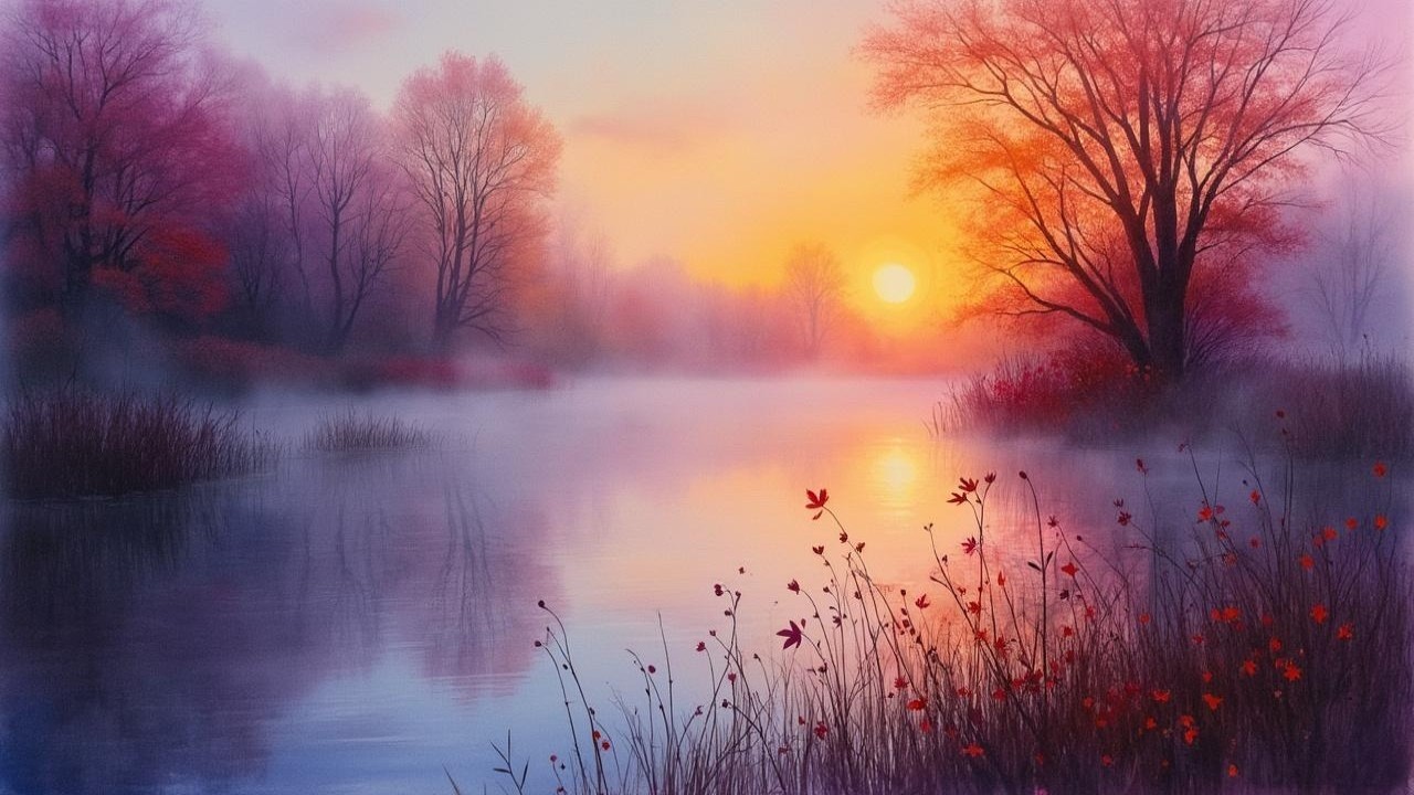 Autumn Landscape with Tranquil Lake and Sunrise Hues