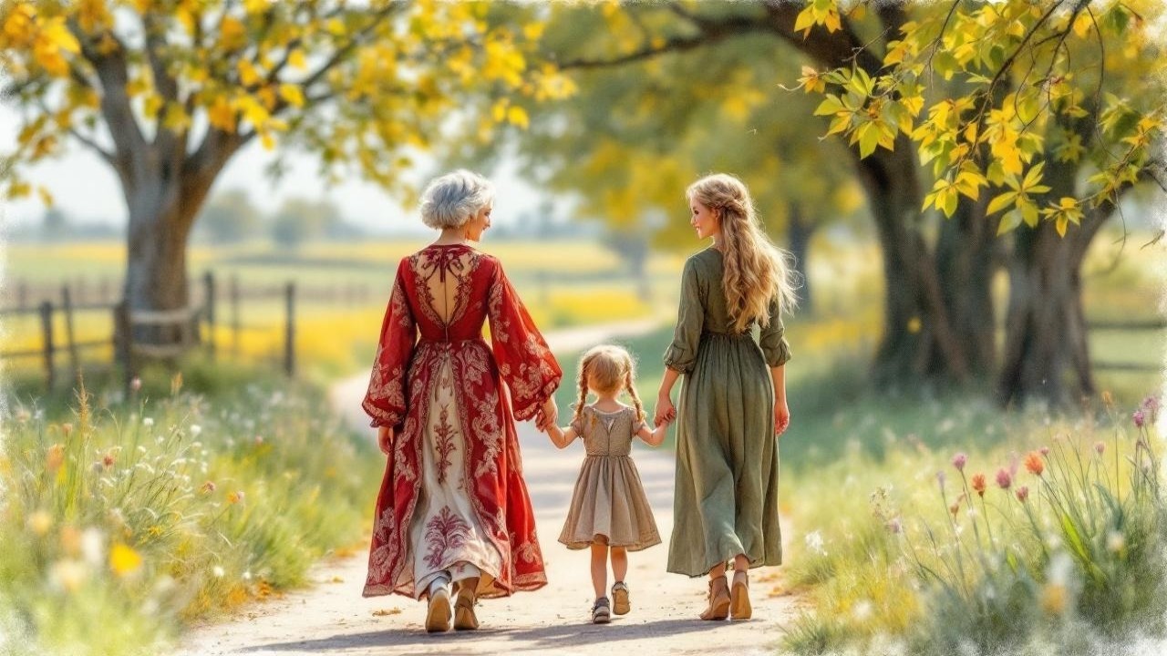 Family Stroll on a Sunlit Path with Lush Greenery