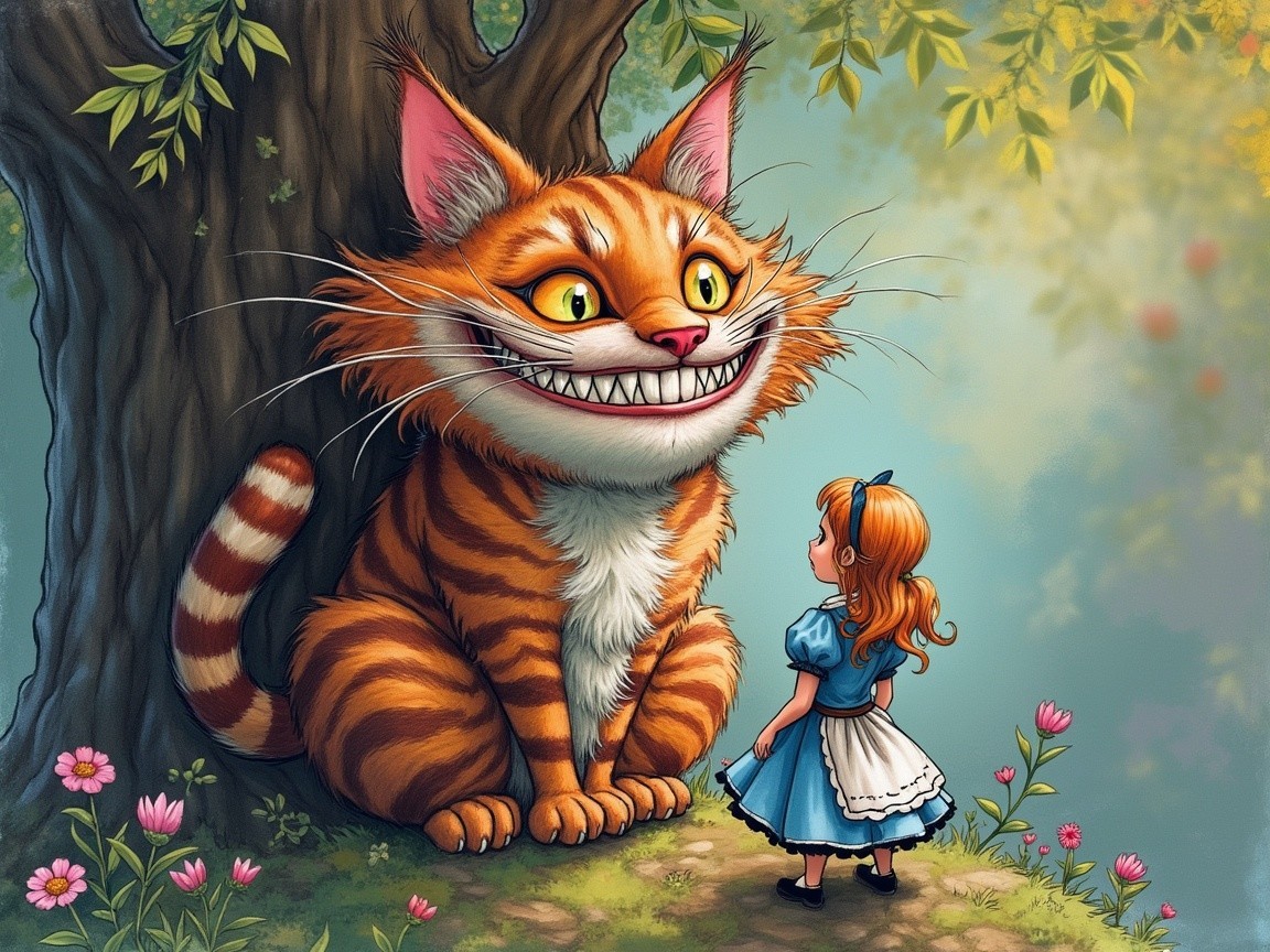 Whimsical Forest Scene with Cheshire Cat and Alice