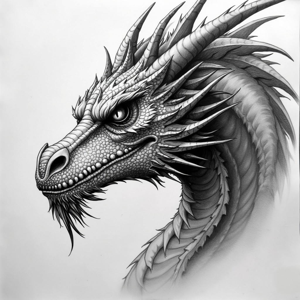 Detailed Black and White Dragon Head Illustration