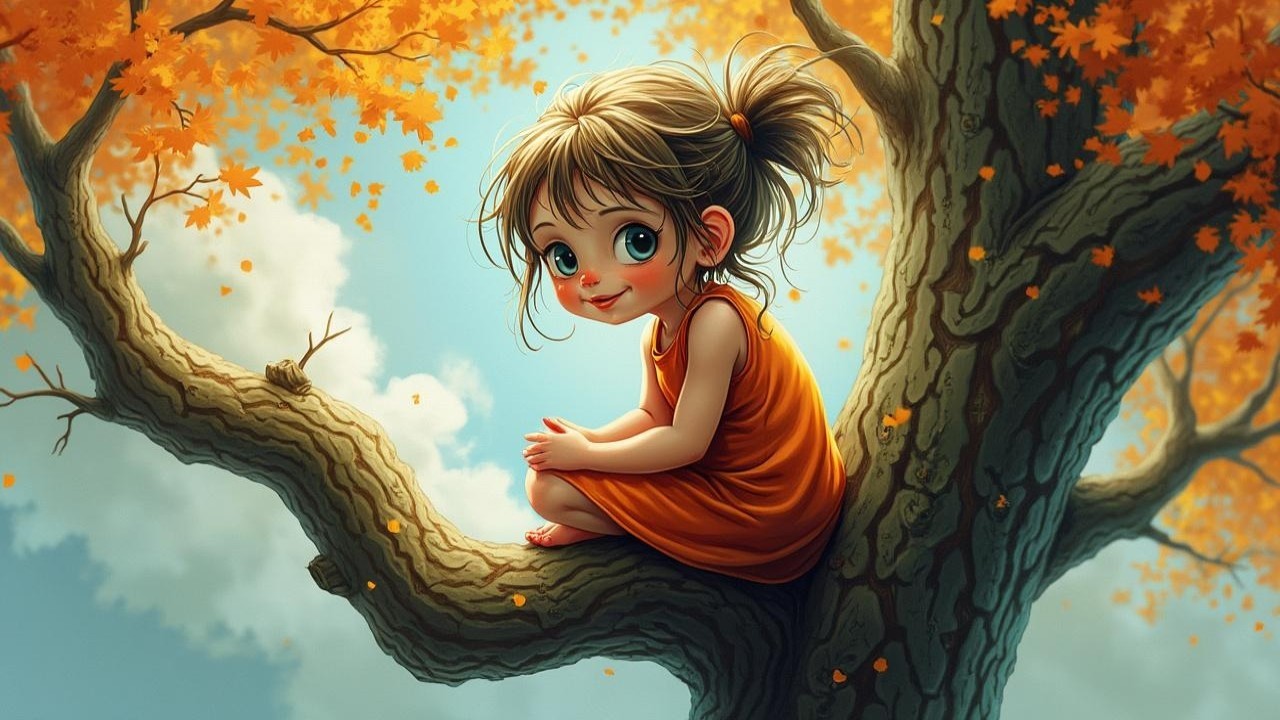 Cheerful girl on tree branch amidst autumn leaves