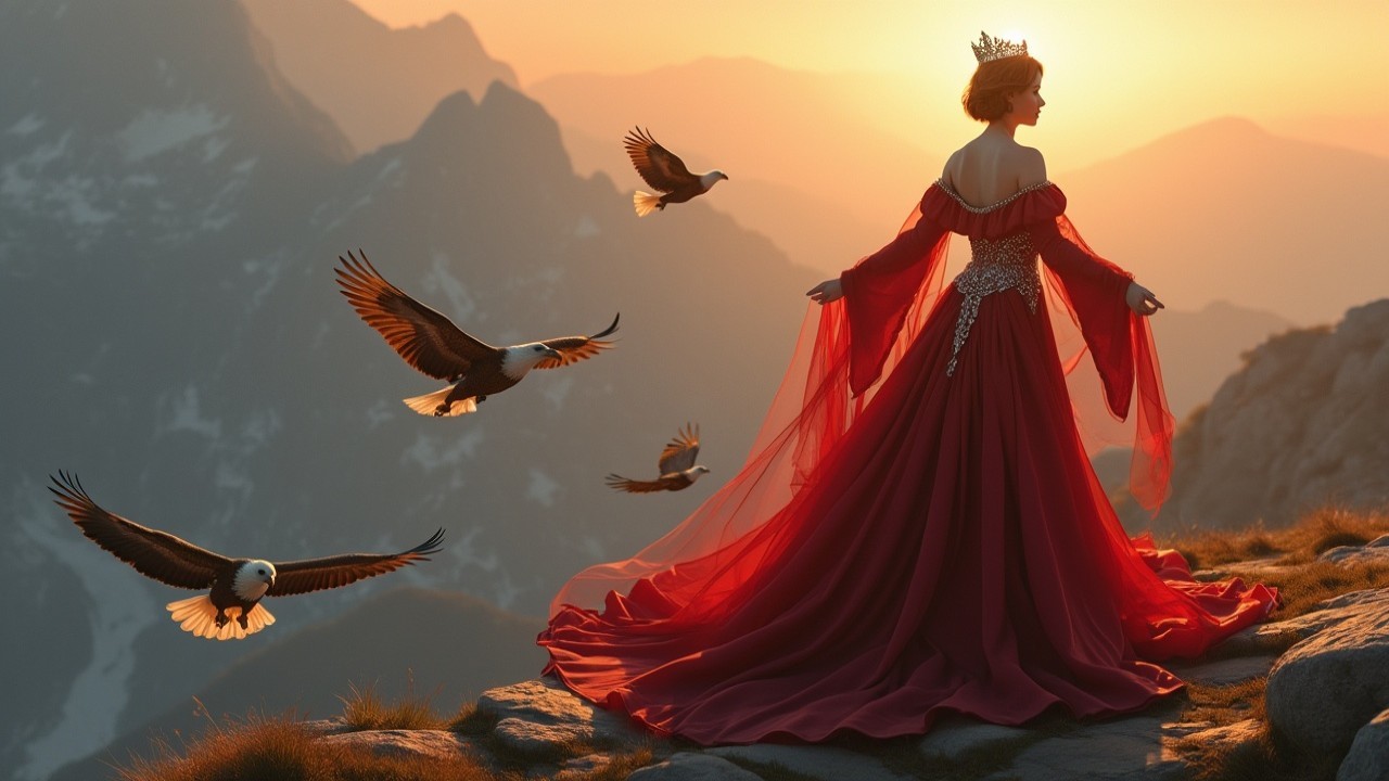 Silhouette of Woman in Red Gown at Sunset on Mountain