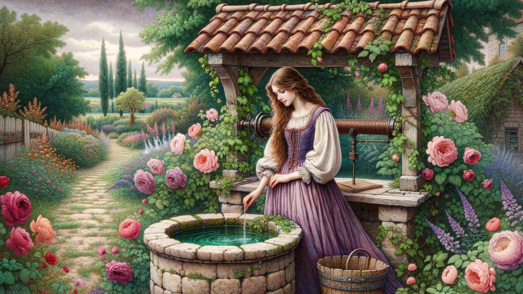 Young Woman by Stone Well in Blooming Garden