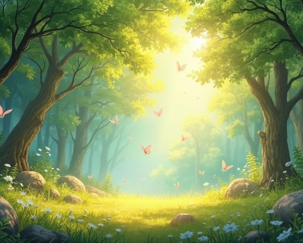 Serene forest scene with golden light and butterflies