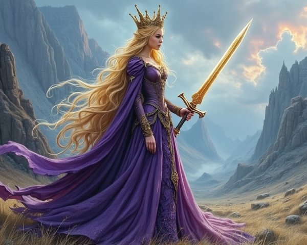 Regal queen in purple gown with golden sword in landscape