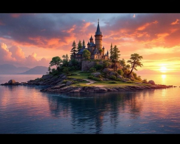 Picturesque Sunset Island with Castle and Lush Landscape