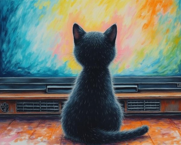 Black Cat Observing Colorful Television Screen