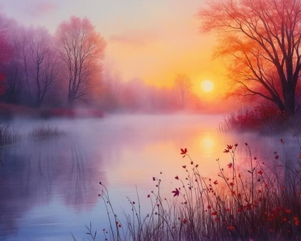 Autumn Landscape with Tranquil Lake and Sunrise Hues