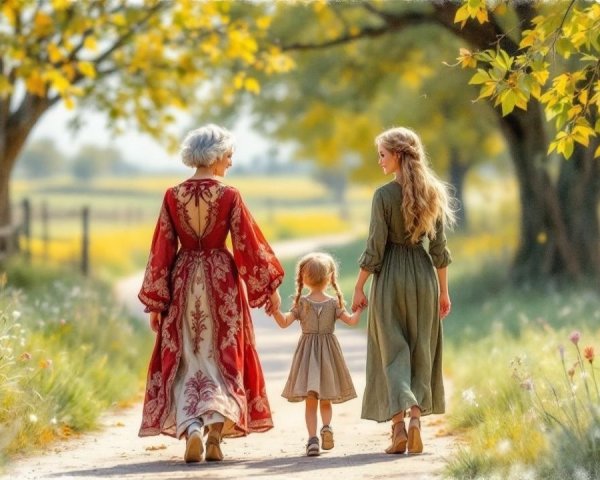Family Stroll on a Sunlit Path with Lush Greenery