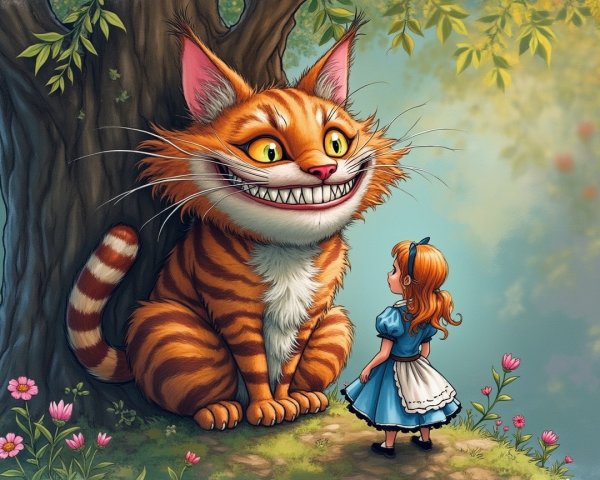 Whimsical Forest Scene with Cheshire Cat and Alice