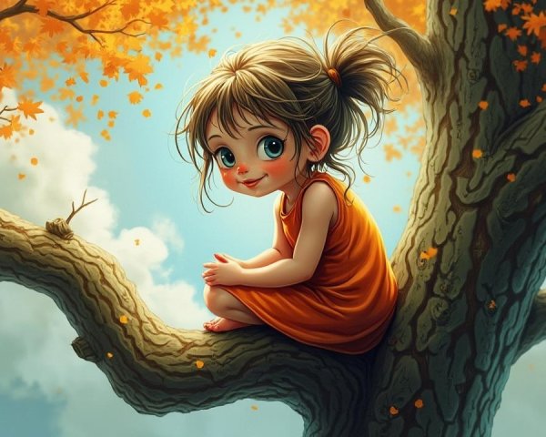 Cheerful girl on tree branch amidst autumn leaves