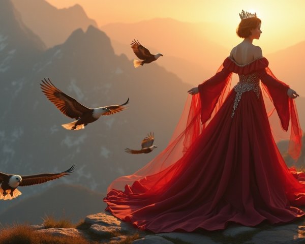 Silhouette of Woman in Red Gown at Sunset on Mountain