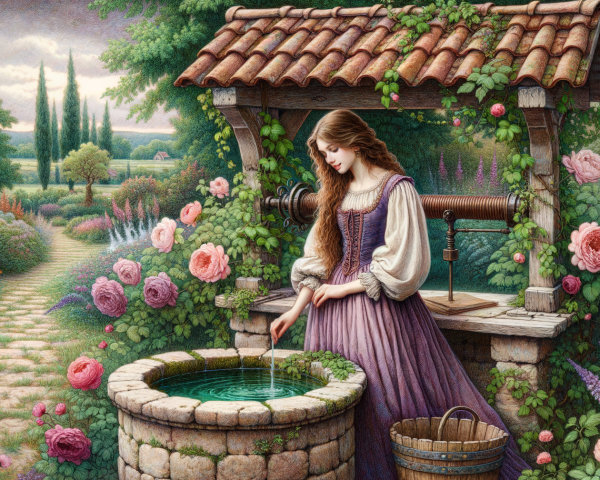 Young Woman by Stone Well in Blooming Garden
