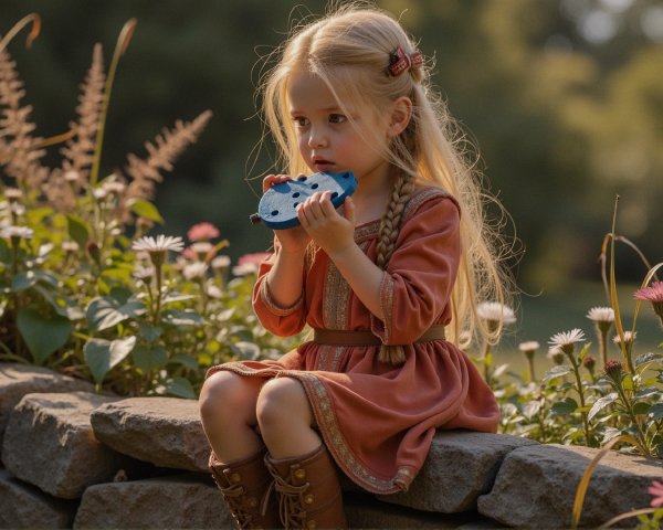 Young girl in pink dress on stone wall with flowers