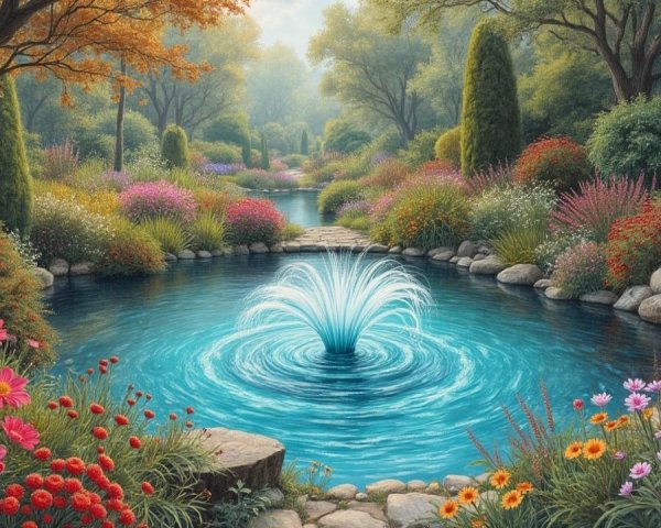 Serene Garden Scene with Pond and Vibrant Flowers