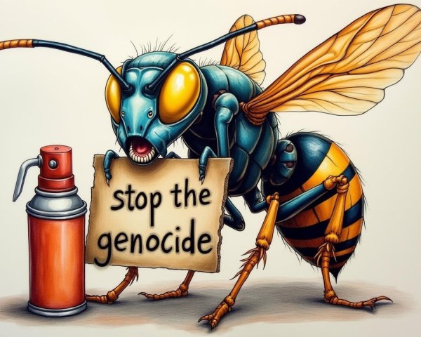 Cartoon Bee with Sign Against Genocide in Simple Background