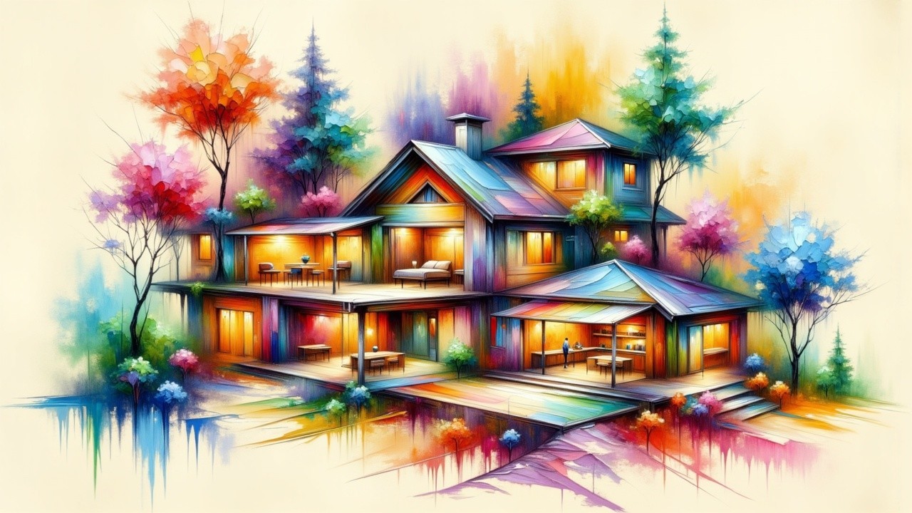 Abstract Modern House Surrounded by Autumn Trees