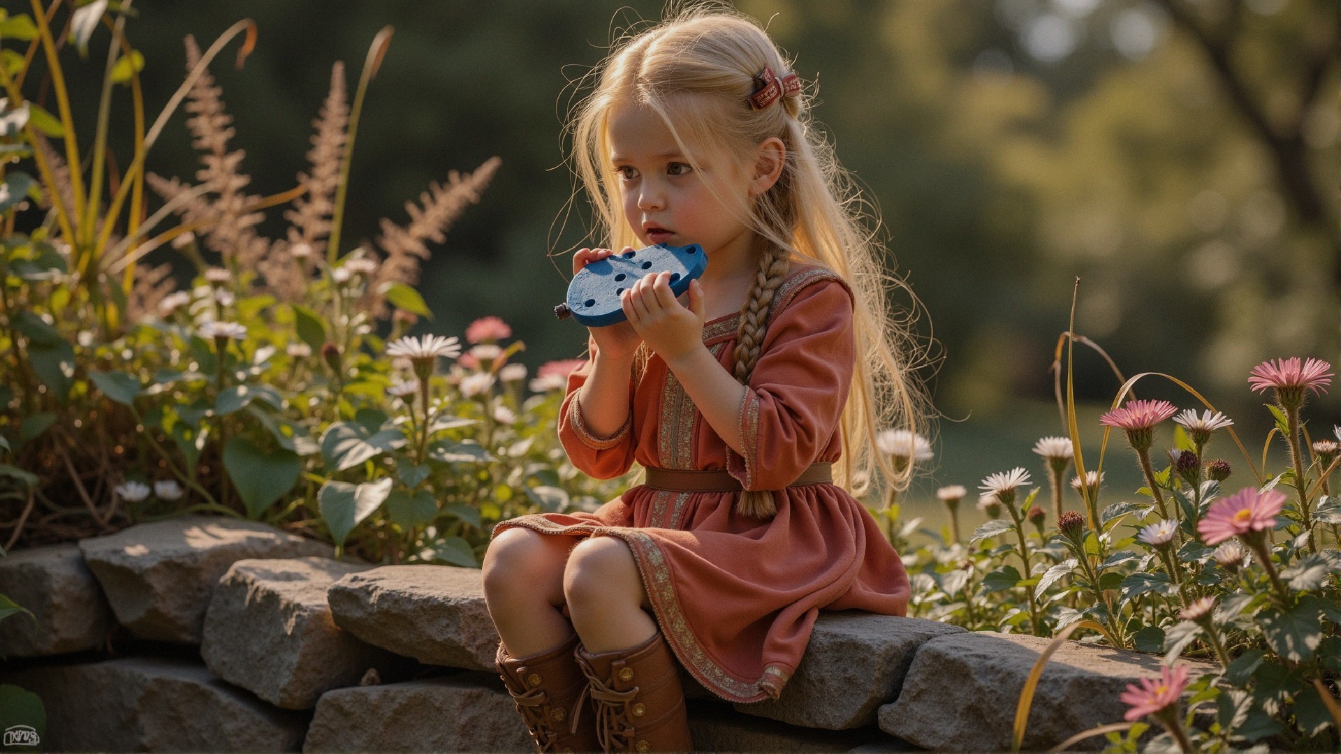 Young girl in pink dress on stone wall with flowers