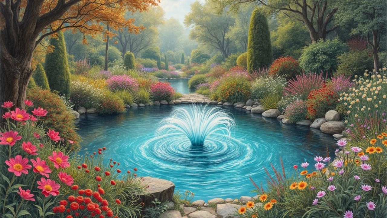 Serene Garden Scene with Pond and Vibrant Flowers