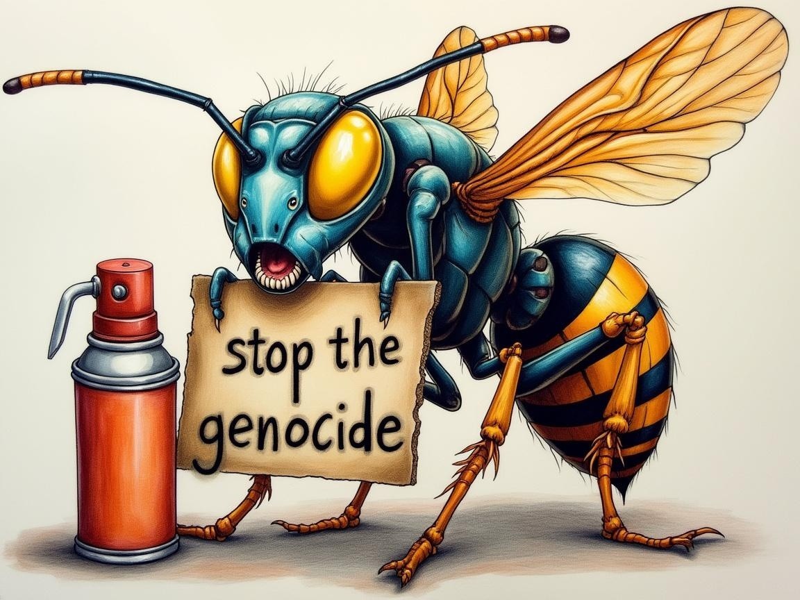 Cartoon Bee with Sign Against Genocide in Simple Background