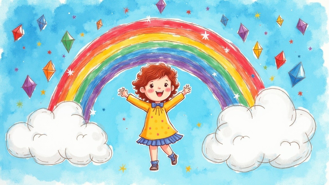Cheerful girl in yellow dress under a bright rainbow
