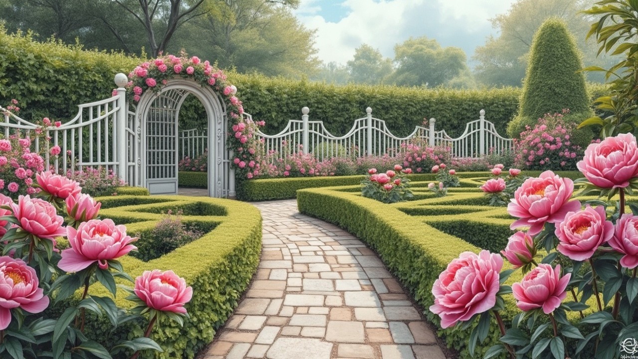 Serene Garden Path with Lattice Arch and Roses