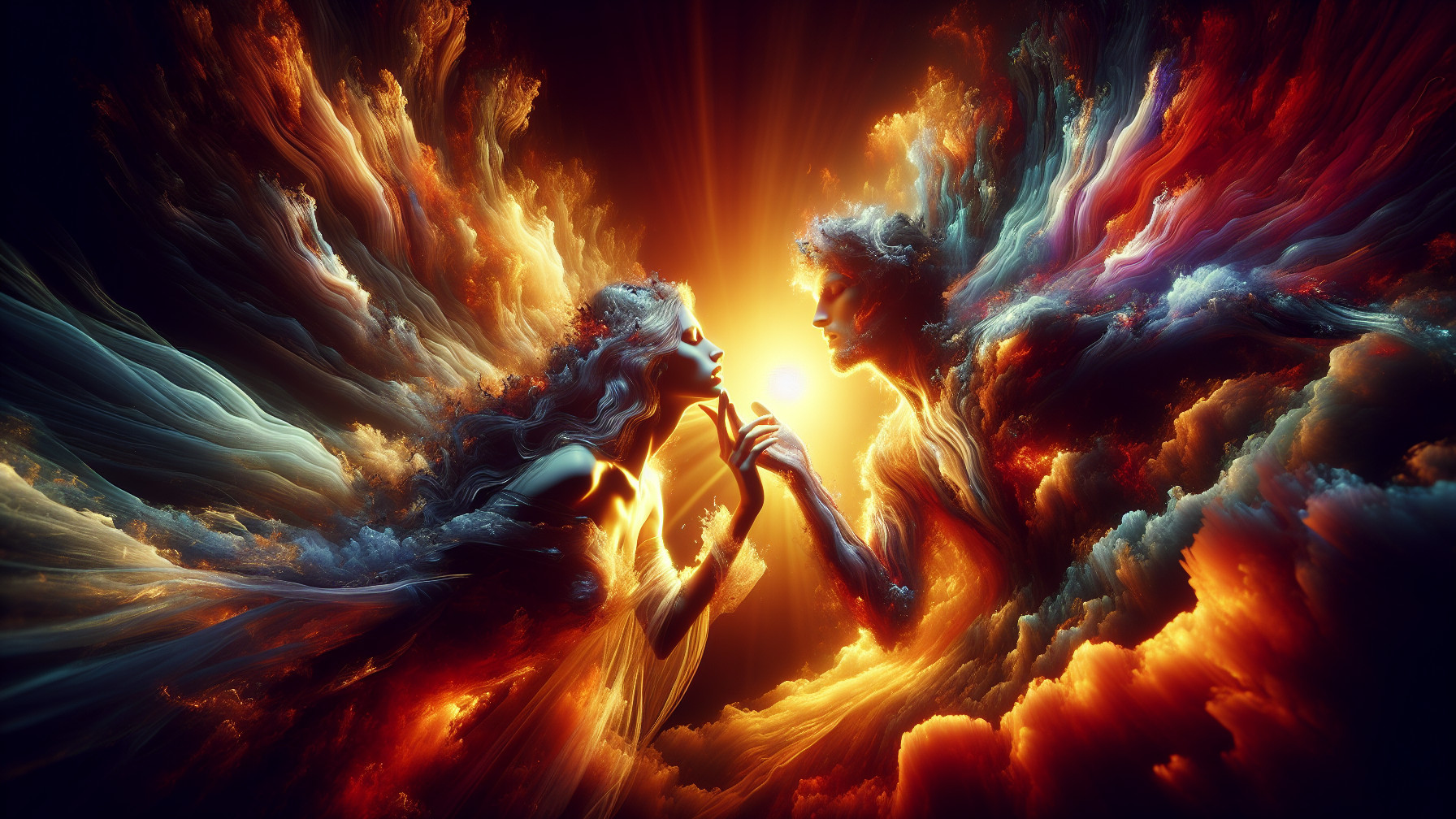 Ethereal Figures in Vibrant Swirling Clouds
