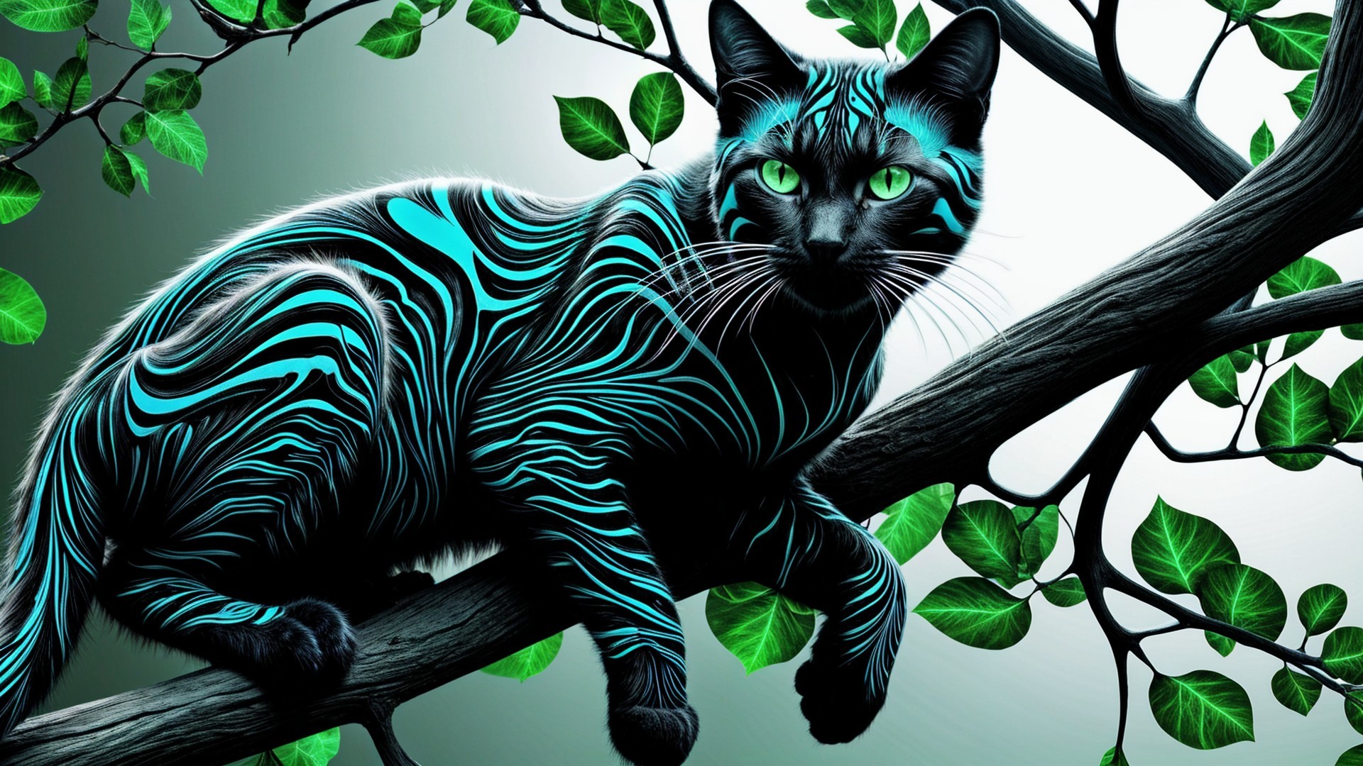 Black Cat with Turquoise Stripes on Tree Branch