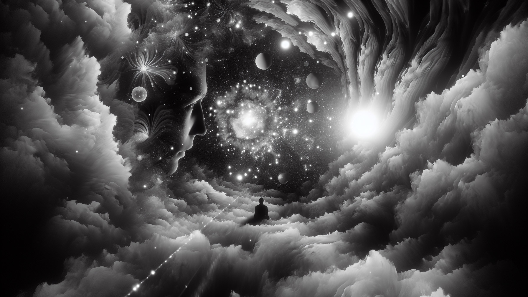 Black-and-White Cosmic Landscape with Ethereal Faces