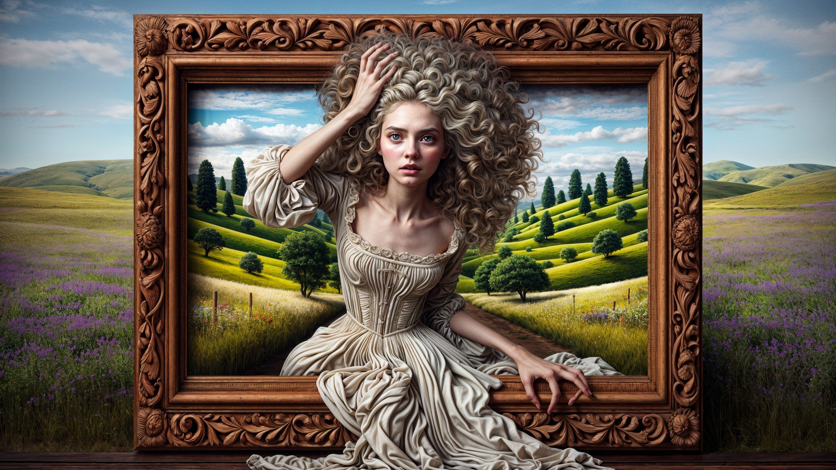Young woman with curly hair in ornate picture frame