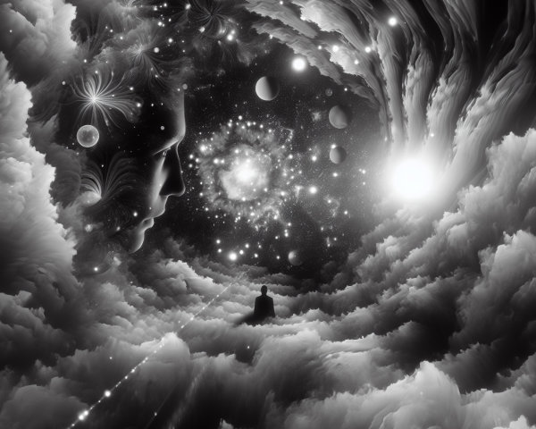 Black-and-White Cosmic Landscape with Ethereal Faces