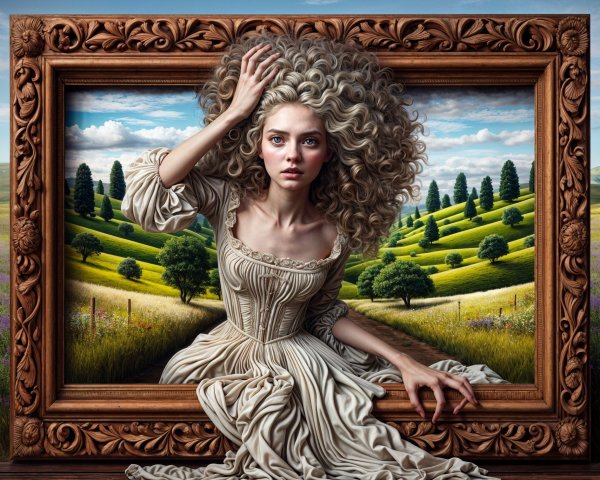 Young woman with curly hair in ornate picture frame