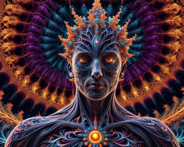 Surreal humanoid figure with fractal patterns and colors