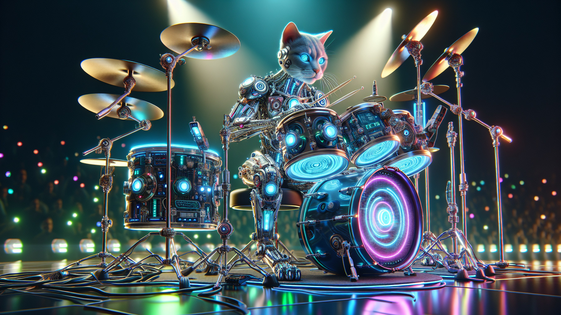 Futuristic Robotic Cat Playing LED Drum Set