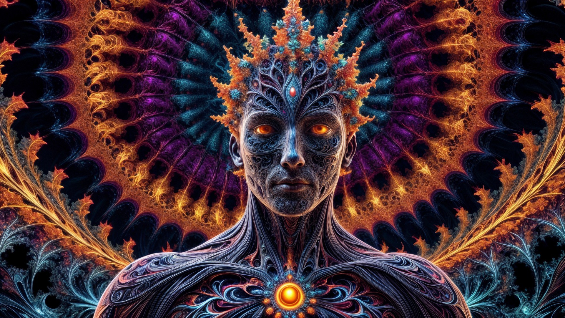 Surreal humanoid figure with fractal patterns and colors