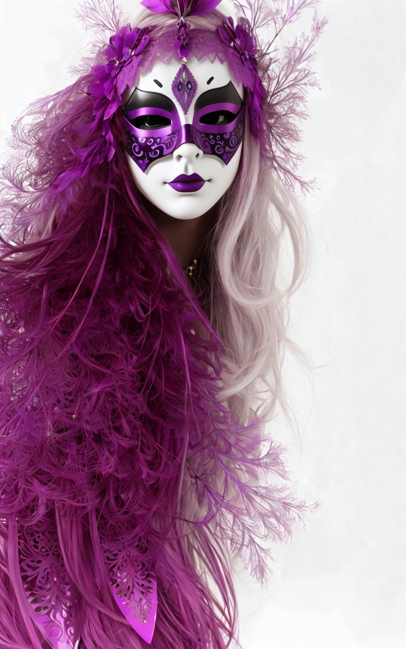 Purple feathered mask and plumage personifies mystery and elegance