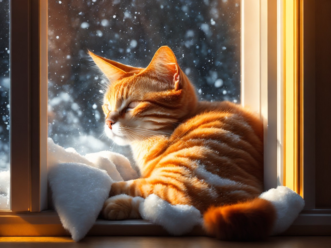 Cozy Ginger Cat on Snowy Window Sill in Sunlight