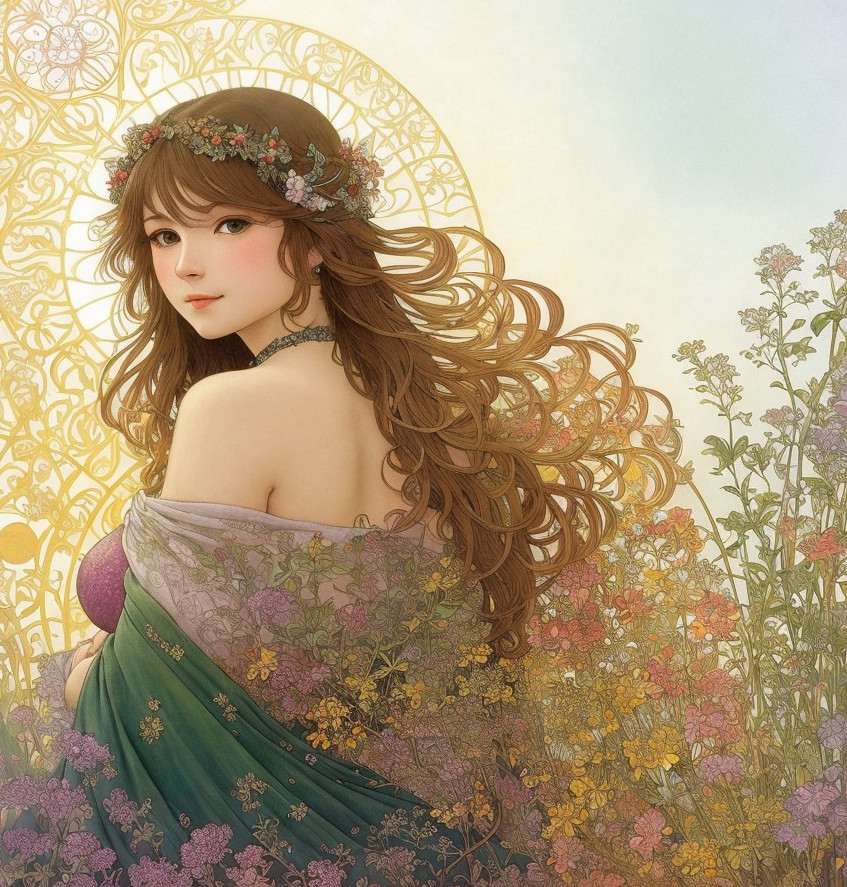 Woman with long wavy brown hair in floral crown surrounded by blooming meadow