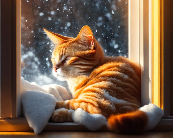 Cozy Ginger Cat on Snowy Window Sill in Sunlight