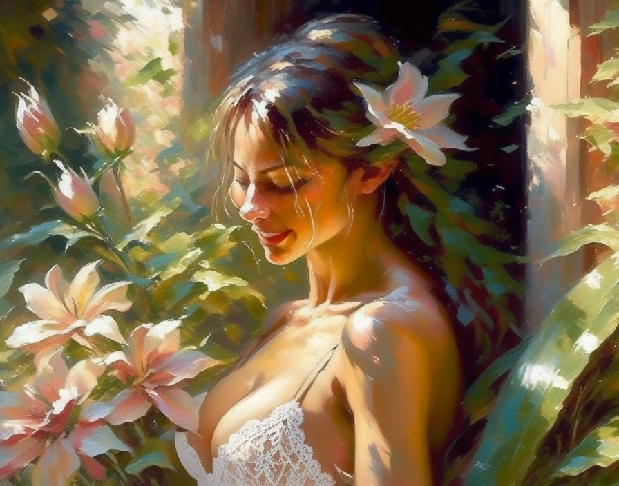 Woman in Lace Garment Surrounded by Vibrant Lilies