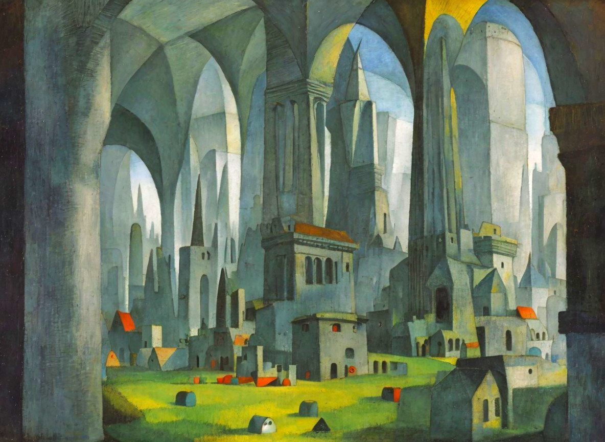 Abstract Surreal Medieval Cityscape Painting with Arches and Spires