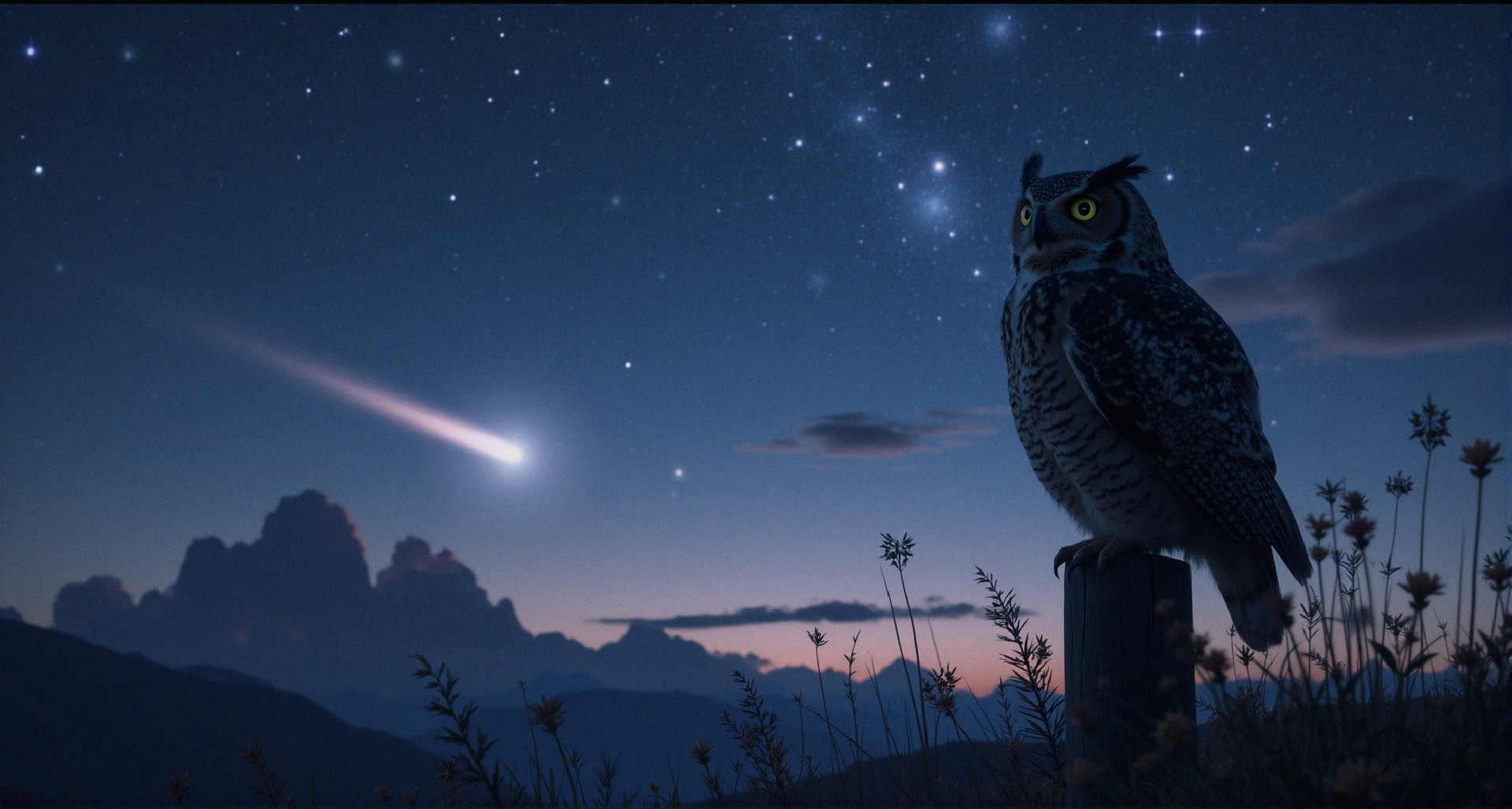 Majestic Owl Under Starlit Sky with Silhouetted Mountains