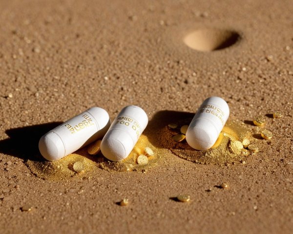 White Capsules on Textured Sandy Surface with Golden Grains