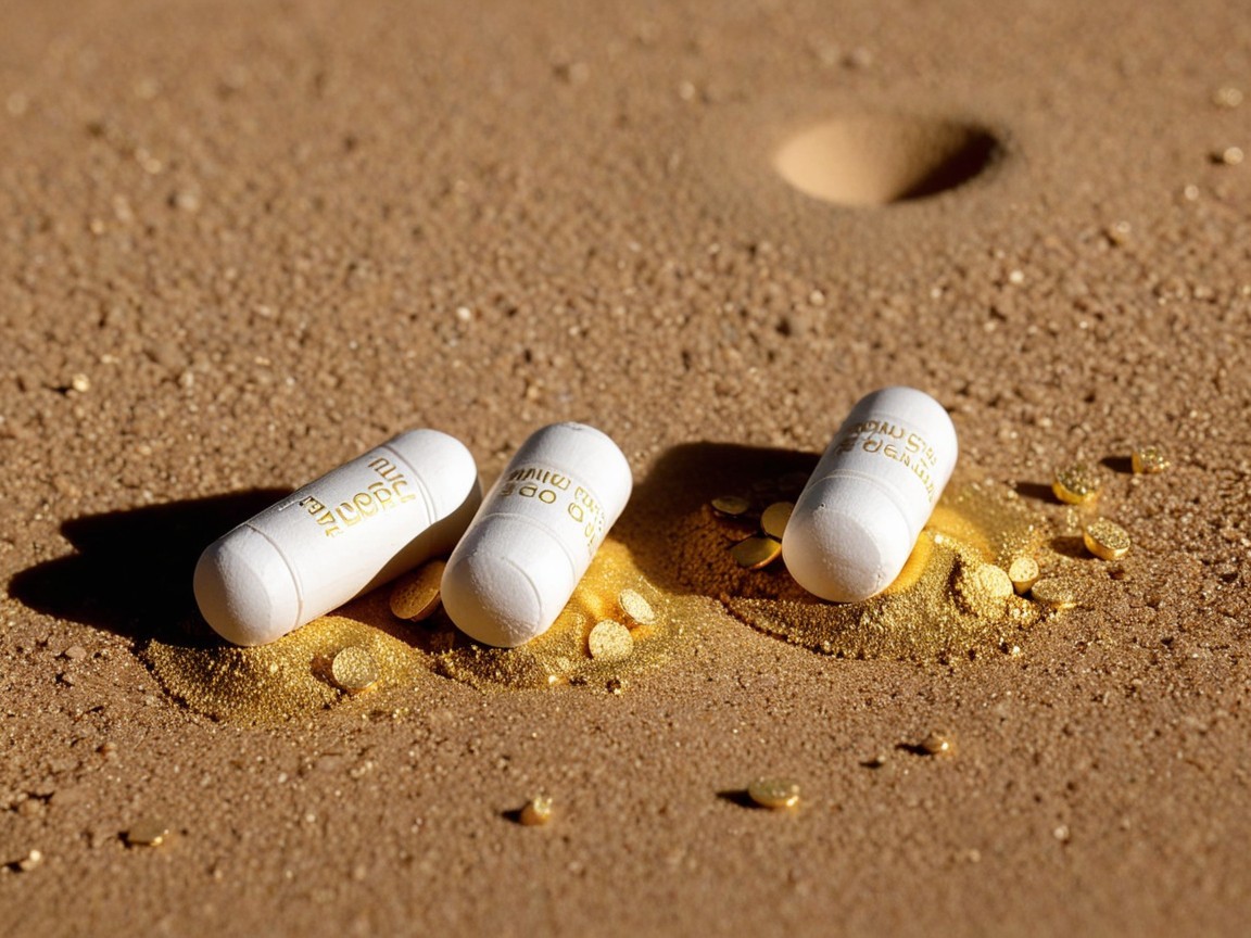 White Capsules on Textured Sandy Surface with Golden Grains