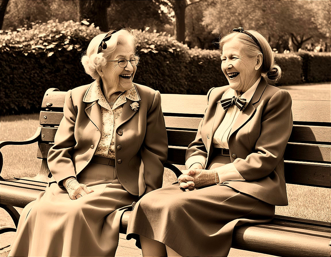 Elderly Women Laughing on Vintage Park Bench