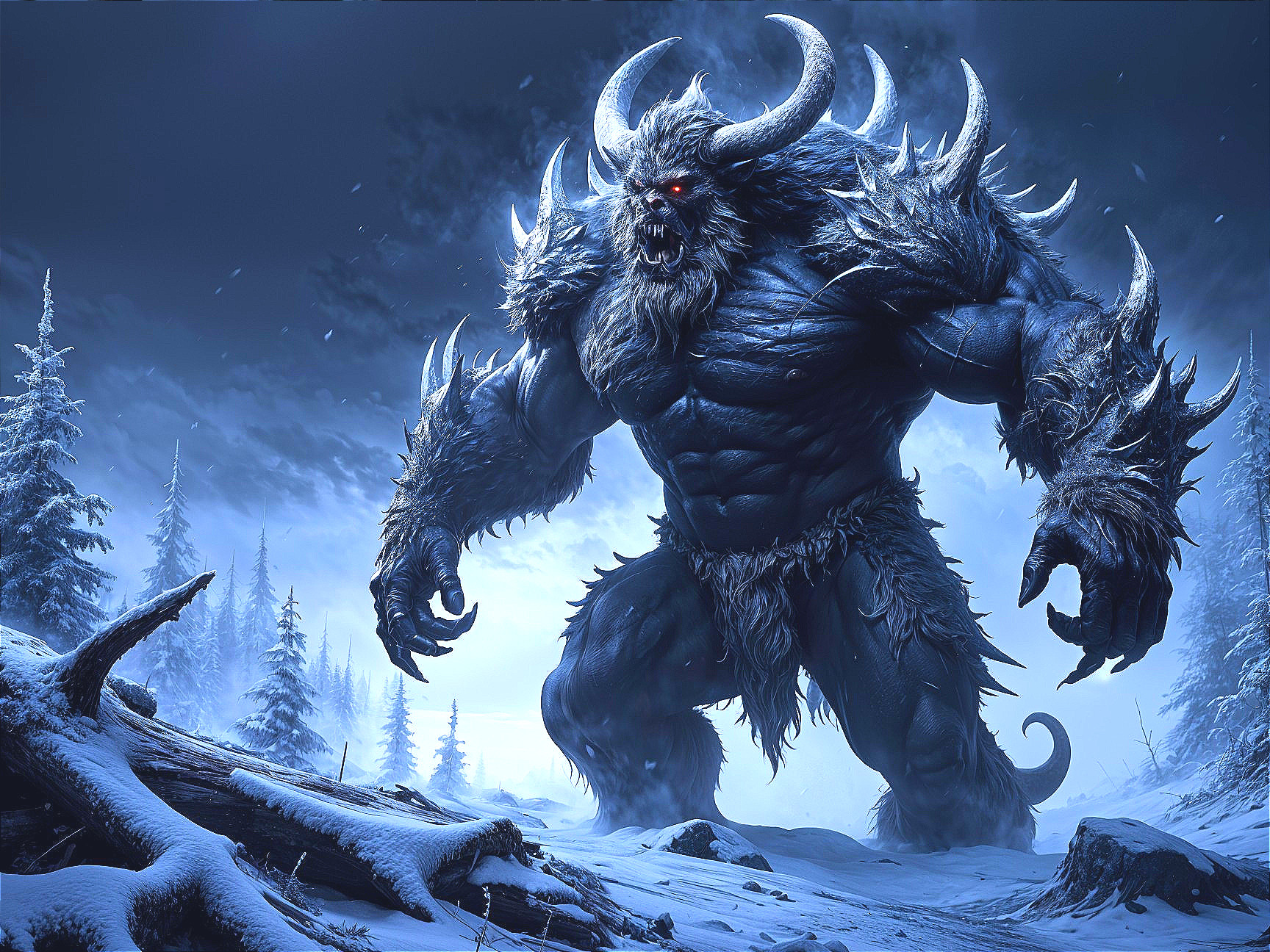 Colossal Beast in a Wintry Landscape with Red Eyes