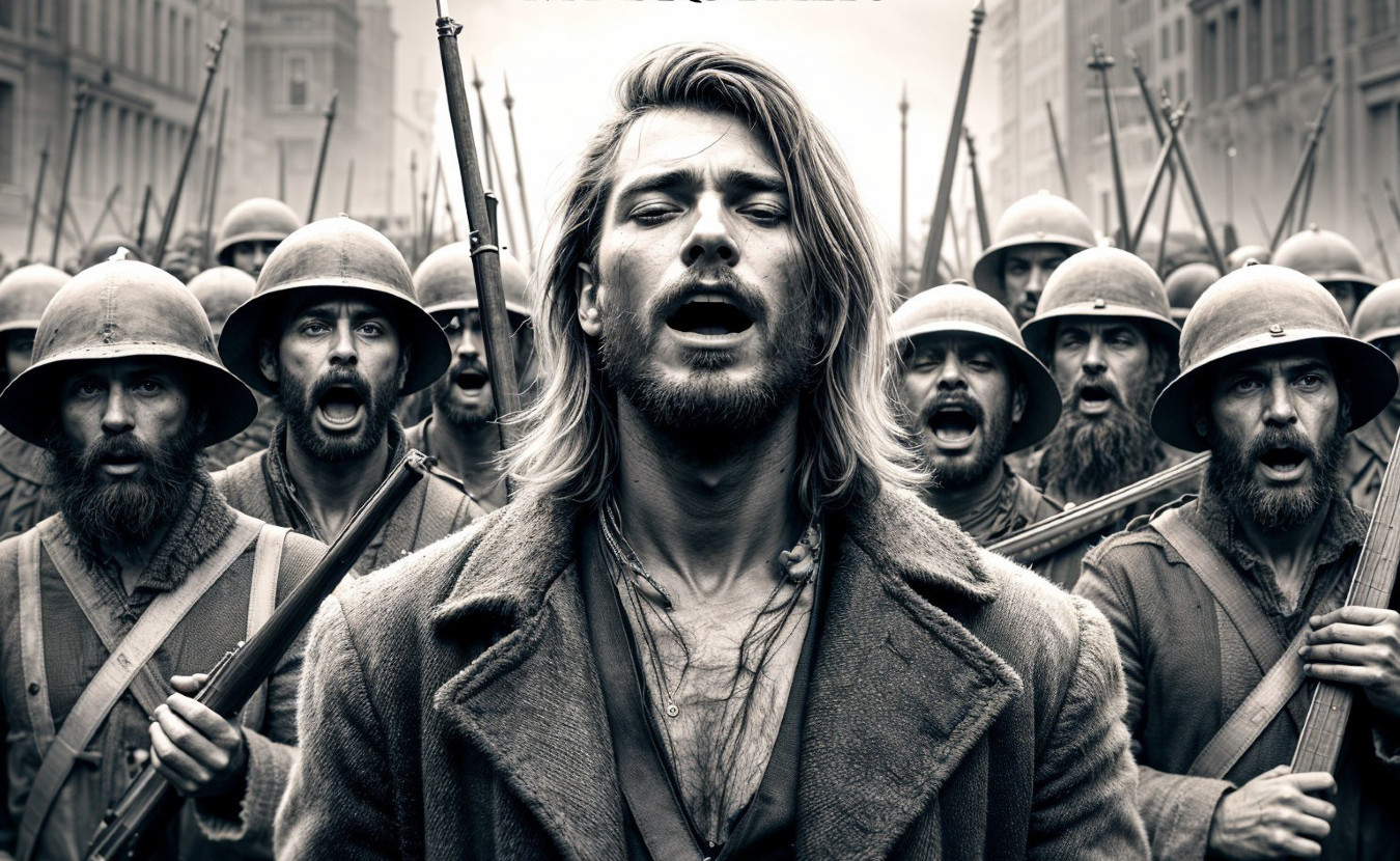 Dramatic Black and White Scene of Soldiers in Battle