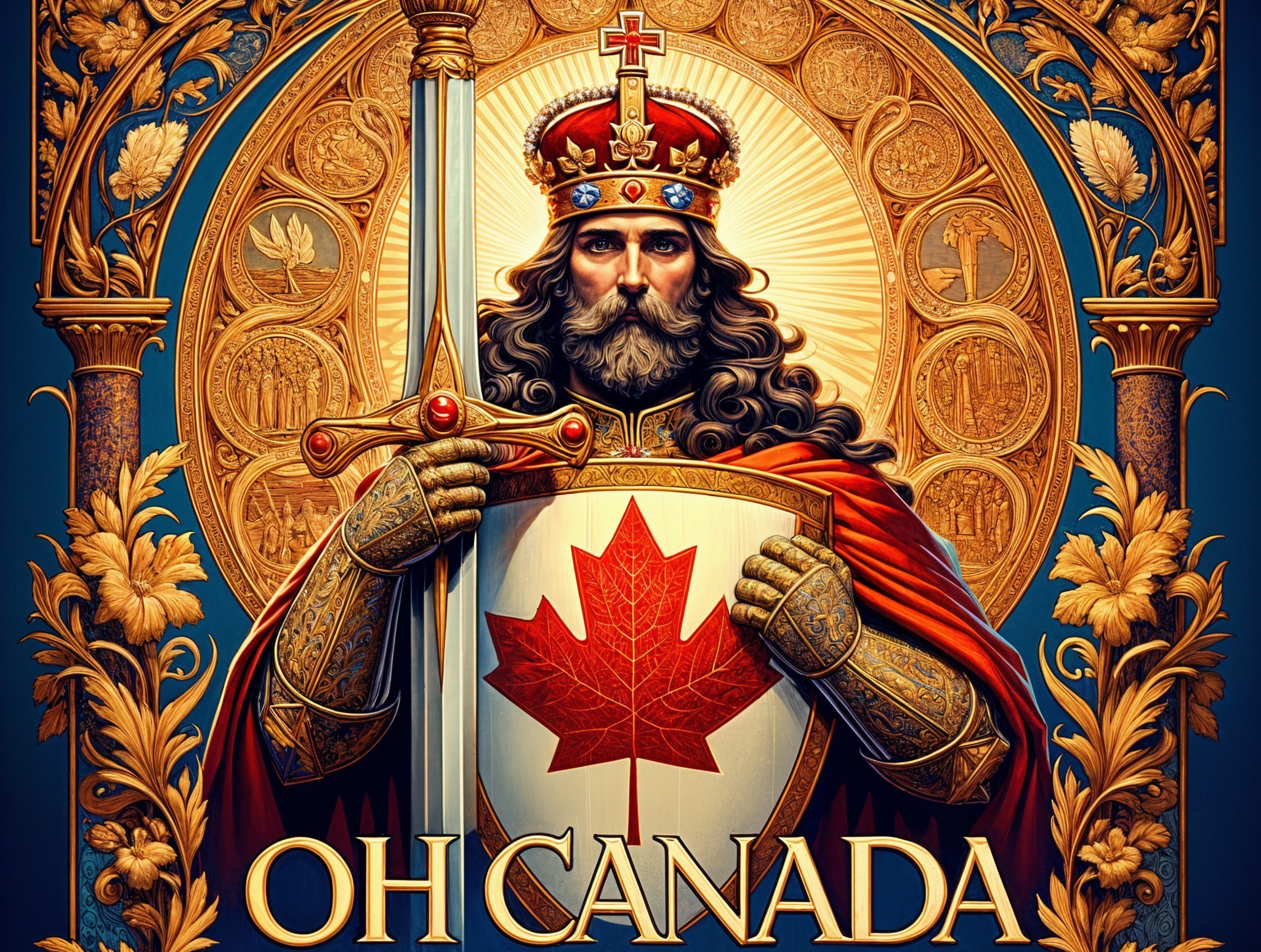 Regal Figure in Ornate Armor with Maple Leaf Shield