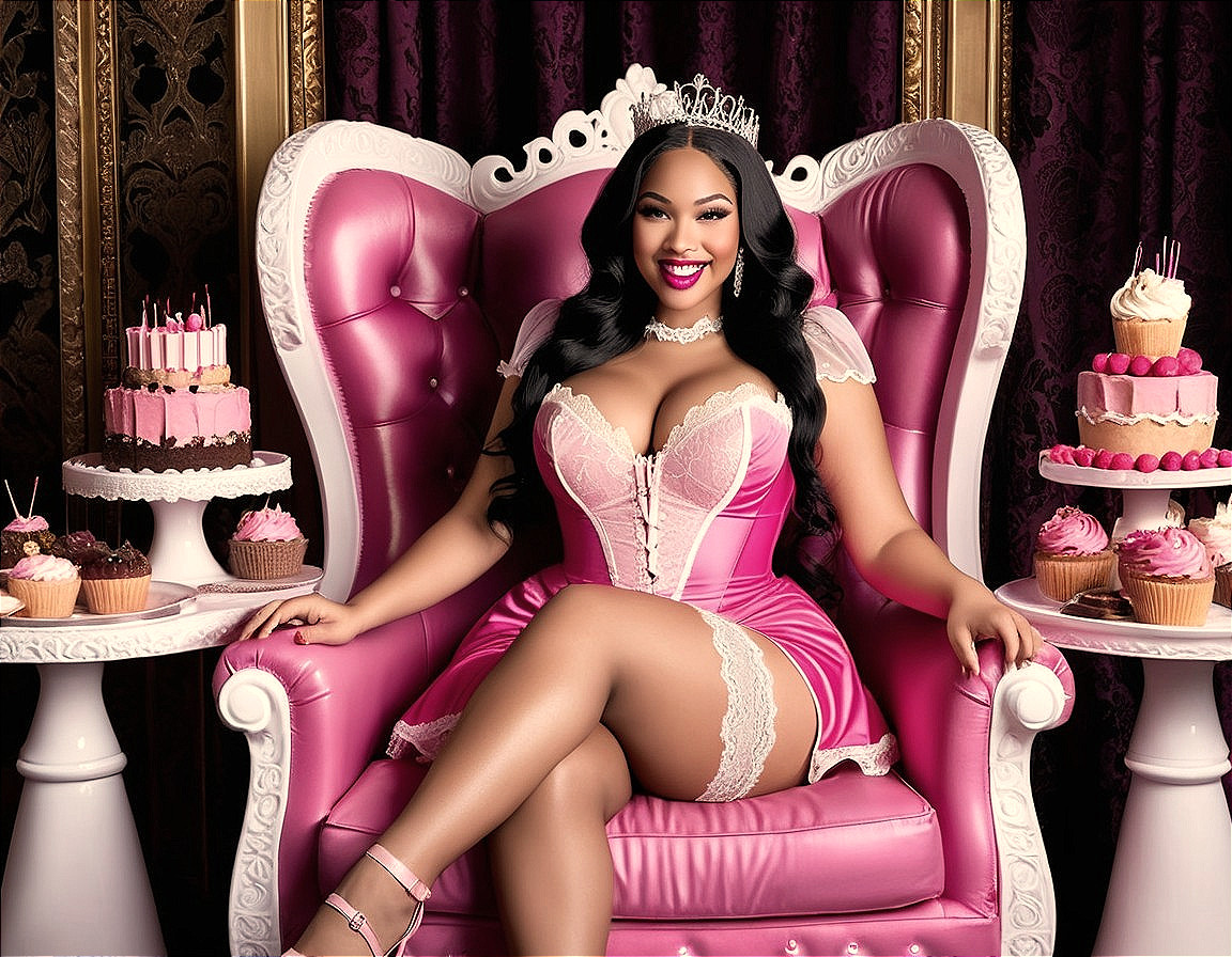 Glamorous Woman on Pink Throne Surrounded by Desserts