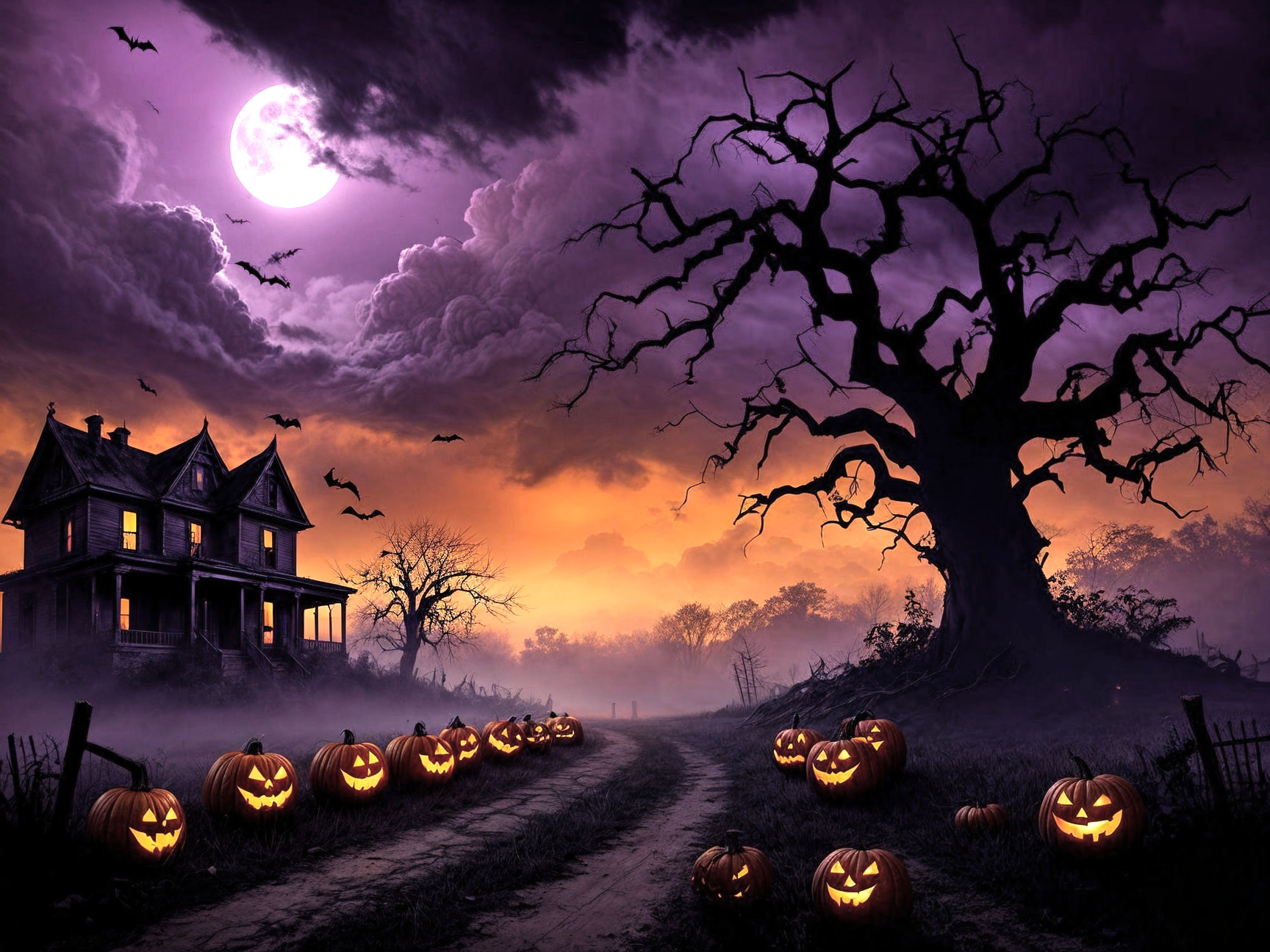Spooky Halloween Scene with Moonlit Tree and House